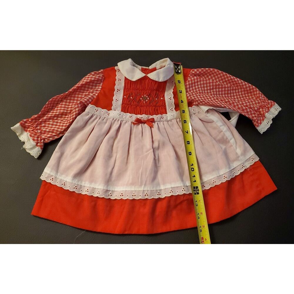 Vintage Polly Flinders Red White Gingham Smocked Dress White Apron & flowers 12M